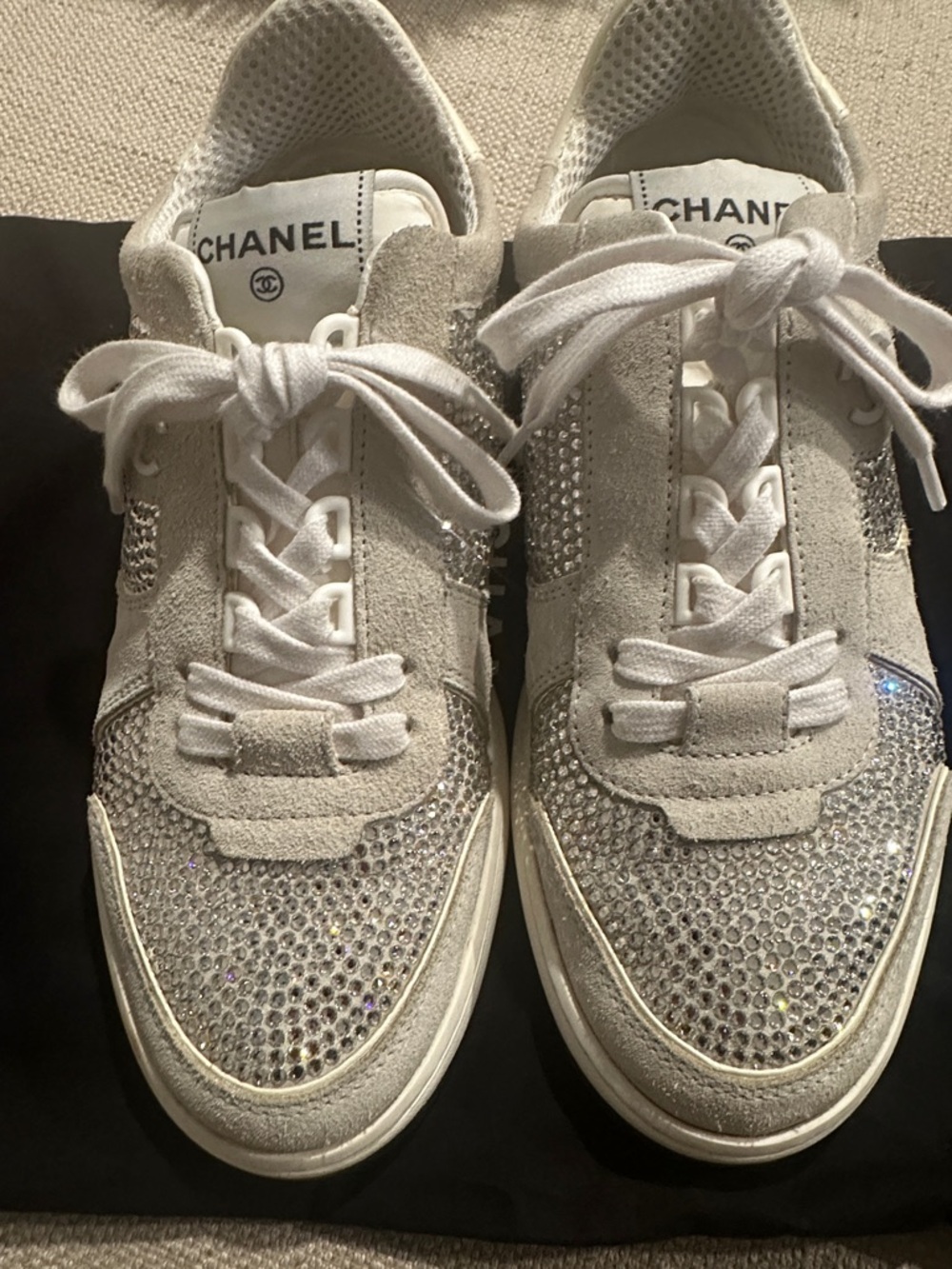 CHANEL White Crystal-Embellished Suede Sneakers